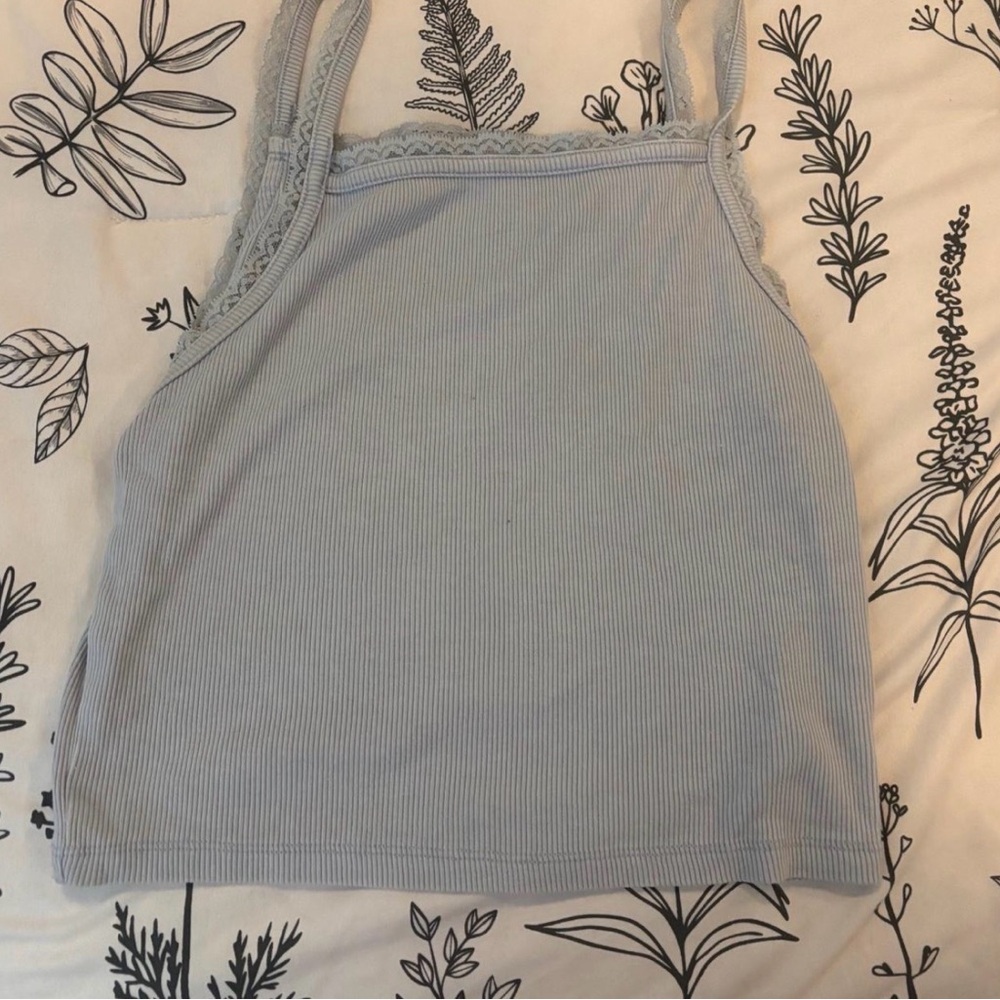 American Eagle Outfitters Light Blue Ribbed Lace-Trim Tank